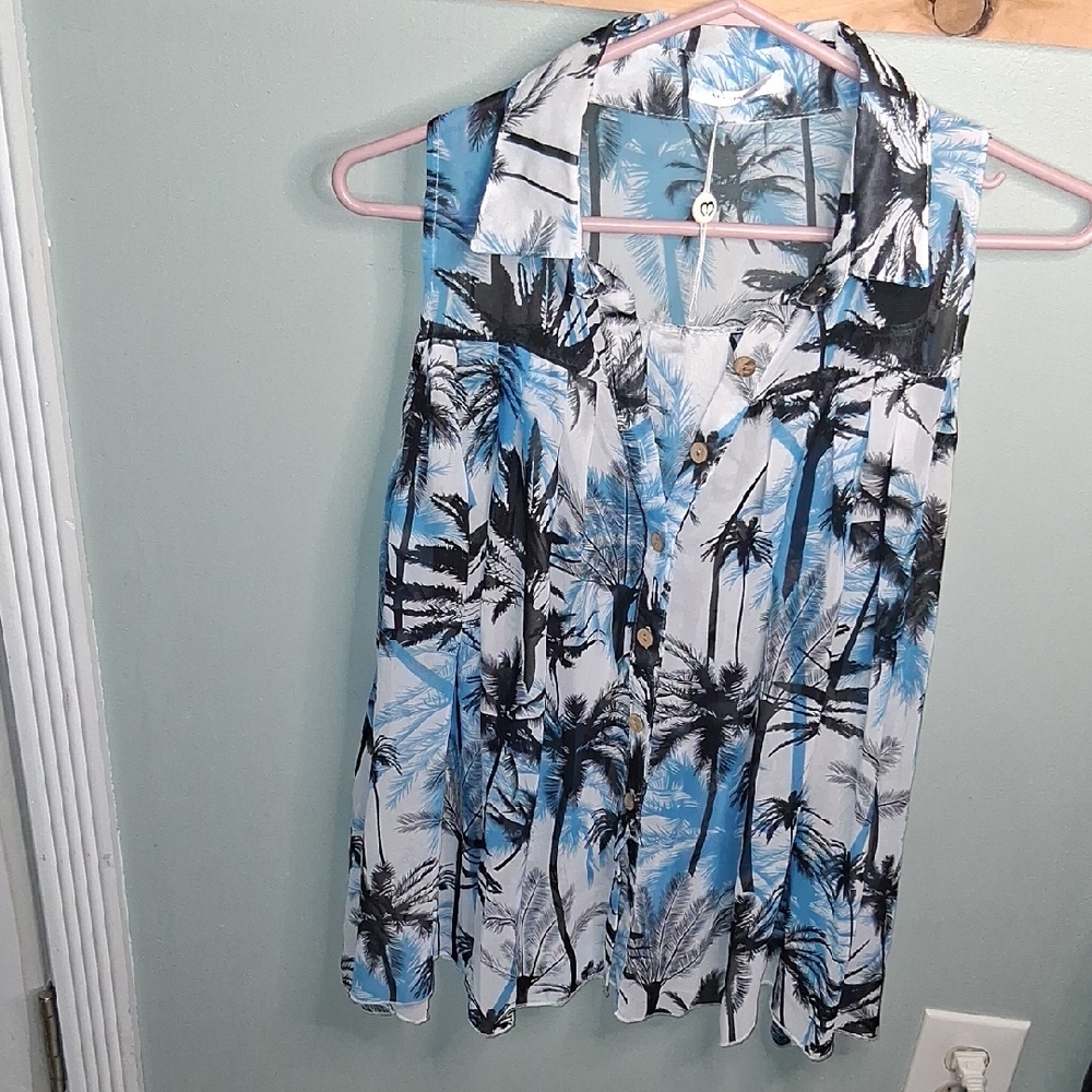 Michaela MEDSheer, Sleeveless With Ruffled Flow. Tropical Blue Palm Print Blouse